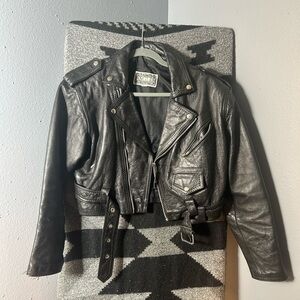 cropped leather jacket with shoulder pads